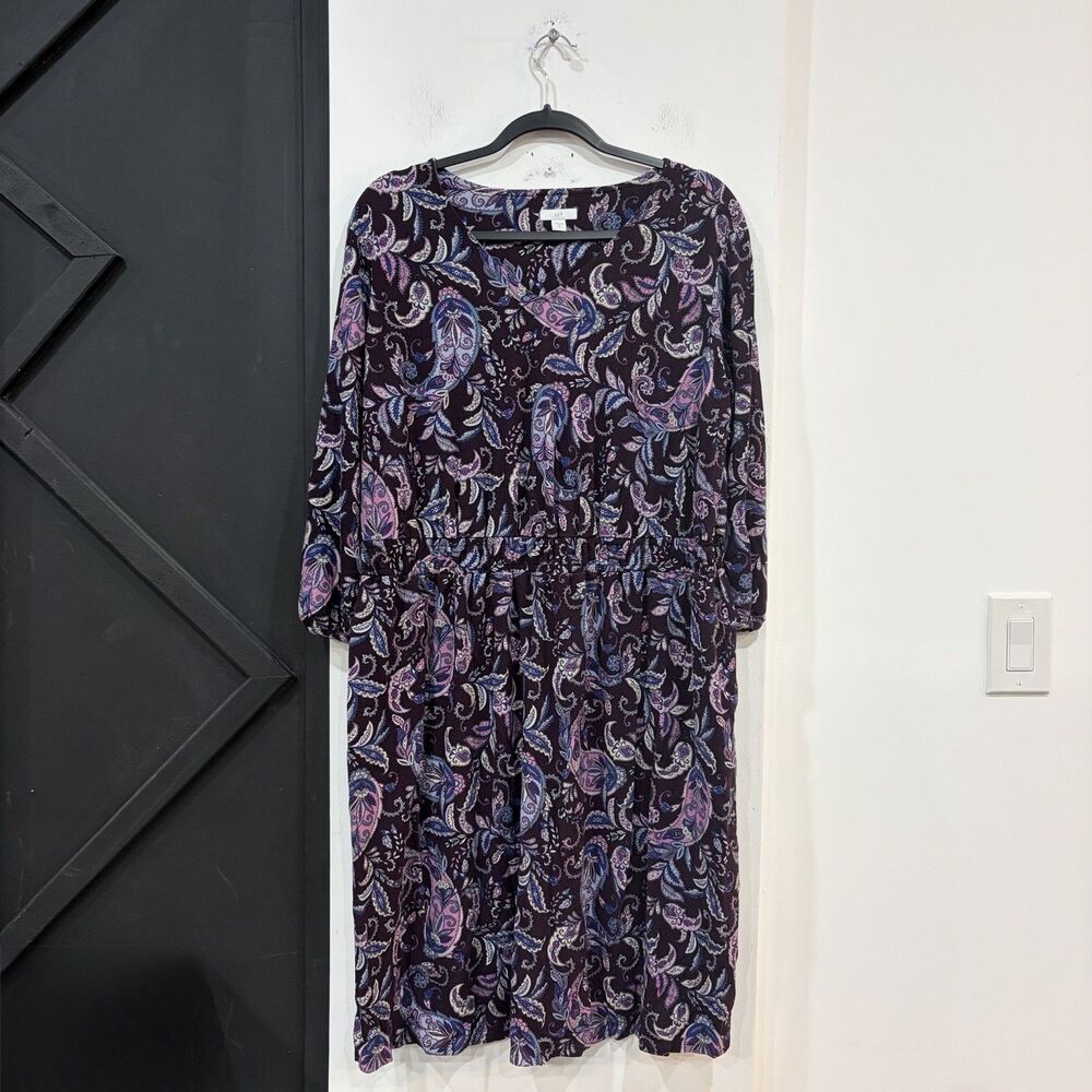 J Jill Purple Paisley Smocked Waist A Line Dress Size XL Tall Stretchy Boho